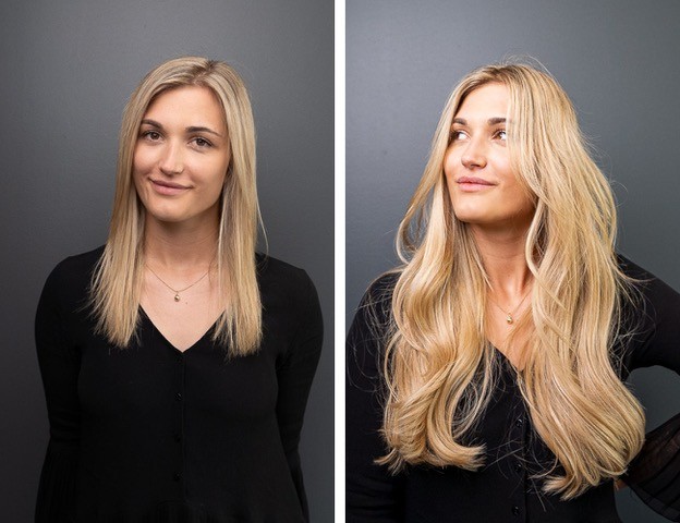 Vorher-nachher Vergleich von Haarverlängerung mit glattem, blondem, langem Echthaar.