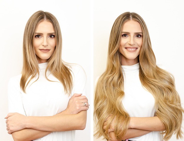 Vorher-nachher Vergleich einer Frau mit natürlichen Haaren und Haarverlängerung.