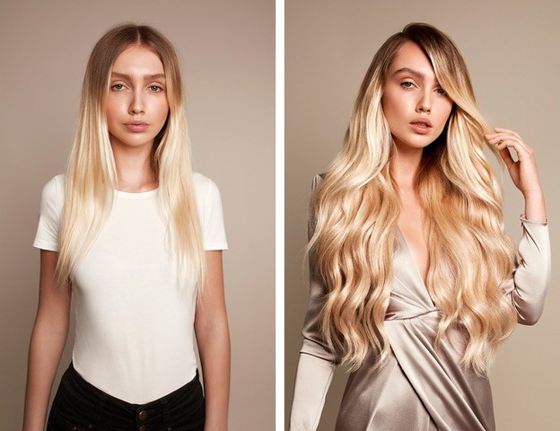 Vorher-nachher-Vergleich von Haarverlängerung bei einer jungen Frau mit langen, blonden Haaren.